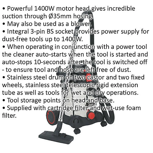 1400W Industrial Wet & Dry Vacuum Cleaner - 20L Steel Drum - Auto Start Feature 2 1400W Industrial Wet & Dry Vacuum Cleaner - 20L Steel Drum - Auto Start Feature - Image 2