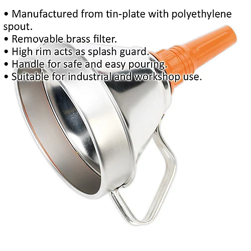 160mm Metal Funnel With Brass Filter - High Rim - Pouring Handle - PE Spout 2 160mm Metal Funnel With Brass Filter - High Rim - Pouring Handle - PE Spout - Image 2