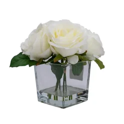 19cm White Roses Artificial Plant In Clear Square Glass Vase -Cheap Grow And Trim Store 19cm white roses artificial plant in clear square glass vase5010795682690 02c bq