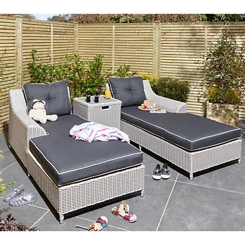 2 Seater Putty Grey Rattan Weave Garden Sun Lounger Set 1 2 Seater Putty Grey Rattan Weave Garden Sun Lounger Set