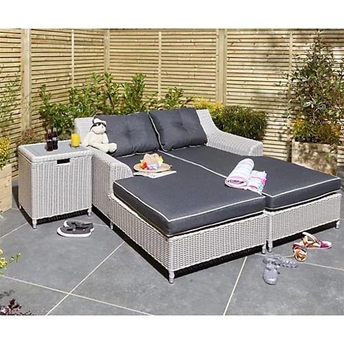 2 Seater Putty Grey Rattan Weave Garden Sun Lounger Set 2 2 Seater Putty Grey Rattan Weave Garden Sun Lounger Set - Image 2