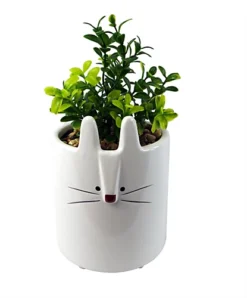Leaf 20cm Ceramic White Rabbit Planter With Artificial Foliage Plant