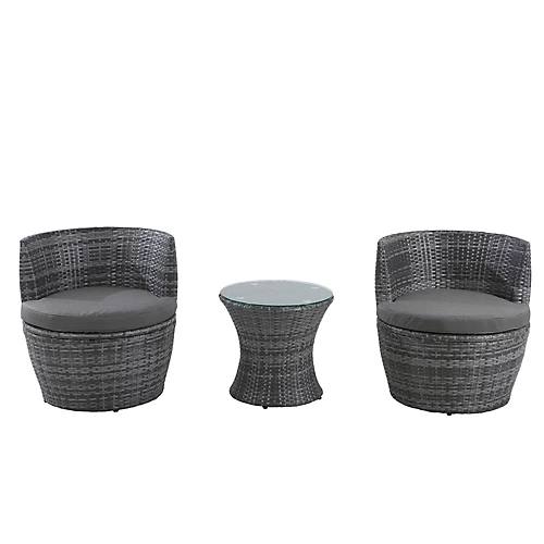 3-Piece Outdoor Rattan Bistro Set, Garden Wicker Structure Furniture Vase Chair Set With Cushion And Glass Top Coffee Table - Gray 2 3-Piece Outdoor Rattan Bistro Set, Garden Wicker Structure Furniture Vase Chair Set With Cushion And Glass Top Coffee Table - Gray - Image 2