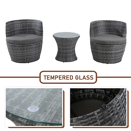 3-Piece Outdoor Rattan Bistro Set, Garden Wicker Structure Furniture Vase Chair Set With Cushion And Glass Top Coffee Table - Gray 3 3-Piece Outdoor Rattan Bistro Set, Garden Wicker Structure Furniture Vase Chair Set With Cushion And Glass Top Coffee Table - Gray - Image 3