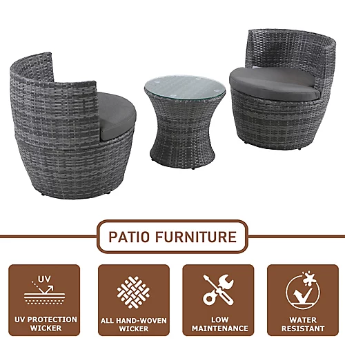 3-Piece Outdoor Rattan Bistro Set, Garden Wicker Structure Furniture Vase Chair Set With Cushion And Glass Top Coffee Table - Gray 4 3-Piece Outdoor Rattan Bistro Set, Garden Wicker Structure Furniture Vase Chair Set With Cushion And Glass Top Coffee Table - Gray - Image 4