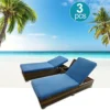 3 Pieces Rattan Sun Lounger Set, 2 Rattan Lounger With Cushion + Storage Rattan Table, Backrest Adjustable - Blue