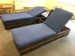 3 Pieces Rattan Sun Lounger Set, 2 Rattan Lounger With Cushion + Storage Rattan Table, Backrest Adjustable - Blue -Cheap Grow And Trim Store 3 pieces rattan sun lounger set 2 rattan lounger with cushion storage rattan table backrest adjustable blue0726972295564 04c MP