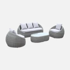 4-seater Designer Round Rattan Garden Sofa Set With 1 Sofa 2 Armchairs 1 Coffee Table - Ritardo - Grey Rattan / Light Grey Cush