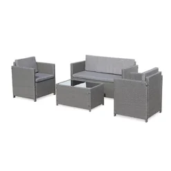 4-seater Polyrattan Garden Sofa Set - Sofa 2 Armchairs Coffee Table - Perugia - Grey Rattan Grey Cushions