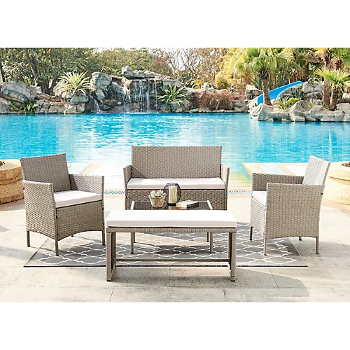 5 Piece Rattan Garden Lounge Set Outdoor Patio With Bench & Table , Grey 1 5 Piece Rattan Garden Lounge Set Outdoor Patio With Bench & Table , Grey