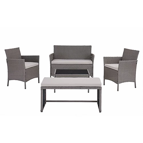 5 Piece Rattan Garden Lounge Set Outdoor Patio With Bench & Table , Grey 2 5 Piece Rattan Garden Lounge Set Outdoor Patio With Bench & Table , Grey - Image 2