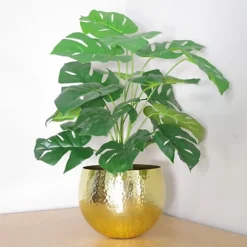 Leaf 60cm Artificial Monstera Plant With Golden Metal Planter Included