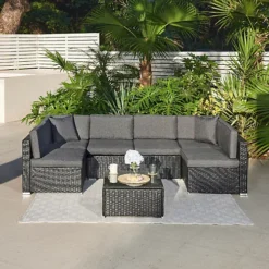 7 Piece Modular Rattan Sofa Garden Lounge Set , Black