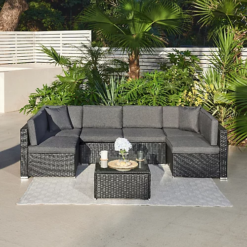 7 Piece Modular Rattan Sofa Garden Lounge Set , Black 1 7 Piece Modular Rattan Sofa Garden Lounge Set , Black