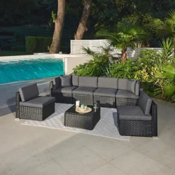 7 Piece Modular Rattan Sofa Garden Lounge Set , Black 6 7 Piece Modular Rattan Sofa Garden Lounge Set , Black -Cheap Grow And Trim Store 7 piece modular rattan sofa garden lounge set black5056546201253 03c MP