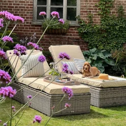Abreo Half Round Rattan Reclining Sun Lounger Chair In Natural With Light Cushions (Sold Individually)