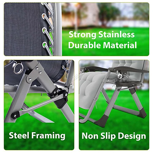 BIRCHTREE Sun Recliner With Cushion Foldable Chair Patio Garden Beach Grey 4 BIRCHTREE Sun Recliner With Cushion Foldable Chair Patio Garden Beach Grey - Image 4