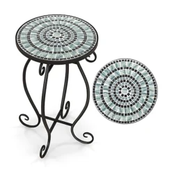 Costway Mosaic Outdoor Side Table Round End Table Weather Resistant Ceramic Tabletop