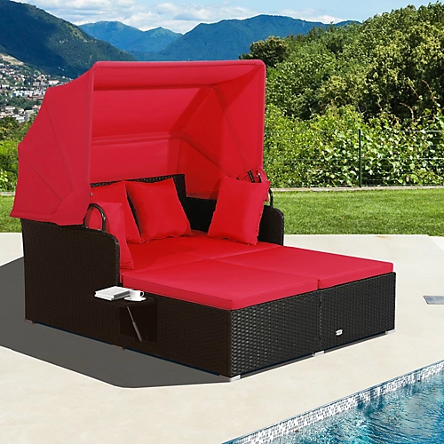 Costway Outdoor PE Wicker Daybed Patio Loveseat Sofa Set W/ Retractable Canopy 3 Costway Outdoor PE Wicker Daybed Patio Loveseat Sofa Set W/ Retractable Canopy - Image 3