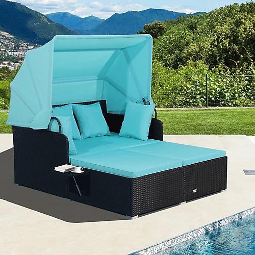 Costway Outdoor PE Wicker Daybed Patio Loveseat Sofa Set W/ Retractable Canopy 3 Costway Outdoor PE Wicker Daybed Patio Loveseat Sofa Set W/ Retractable Canopy - Image 3