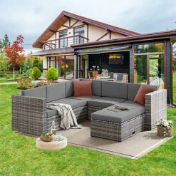 EVRE 6 Seat Grey Rattan Outdoor Garden Furniture Sofa Set - Monaco With Coffee Table And Weatherproof Cover -Cheap Grow And Trim Store evre 6 seat grey rattan outdoor garden furniture sofa set monaco with coffee table and weatherproof cover5060381724266 03c MP