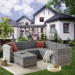 EVRE 6 Seat Grey Rattan Outdoor Garden Furniture Sofa Set - Monaco With Coffee Table And Weatherproof Cover -Cheap Grow And Trim Store evre 6 seat grey rattan outdoor garden furniture sofa set monaco with coffee table and weatherproof cover5060381724266 04c MP