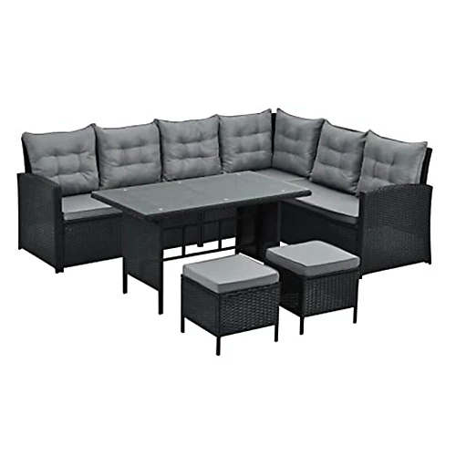 EVRE Black 8 Seater Garden Rattan Furniture Corner Dining Set - Monroe With Table Sofa Bench Stool 1 EVRE Black 8 Seater Garden Rattan Furniture Corner Dining Set - Monroe With Table Sofa Bench Stool