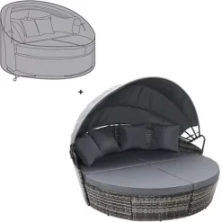 EVRE Mixed Grey Bali Day Bed Outdoor Garden Furniture Set With Canopy With Cover
