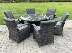 Fimous Rattan Garden Furniture Dining Set Table And Chair Sets PE Wicker Patio Outdoor 6 Chairs Plus Round Table