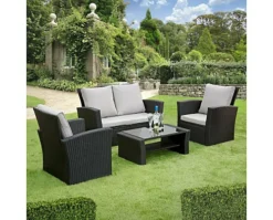 Garden Store Direct Rattan Garden Furniture 4 Piece Patio Set - Black With Grey Cushions