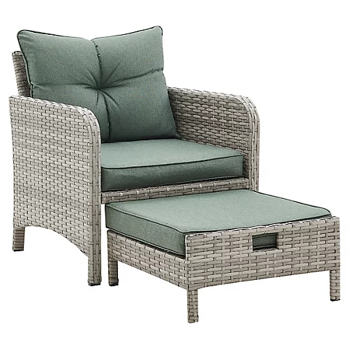 Grenada Garden Armchair 5 Piece Grey Rattan Set With Side Table & Ottoman Hide Away Footstools Green Cushions 4 Grenada Garden Armchair 5 Piece Grey Rattan Set With Side Table & Ottoman Hide Away Footstools Green Cushions - Image 4