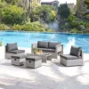 Grey Rattan Grey Cushions 6 Piece Garden Sofa Chairs Footstools Glass Top Coffee Table