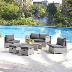 Grey Rattan Grey Cushions 6 Piece Garden Sofa Chairs Footstools Glass Top Coffee Table