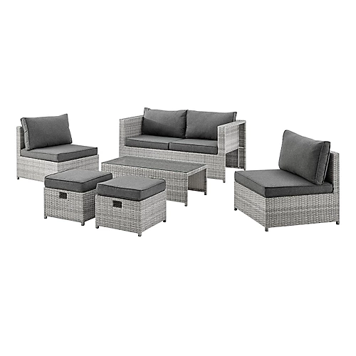 Grey Rattan Grey Cushions 6 Piece Garden Sofa Chairs Footstools Glass Top Coffee Table 3 Grey Rattan Grey Cushions 6 Piece Garden Sofa Chairs Footstools Glass Top Coffee Table - Image 3