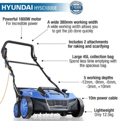 Hyundai 1800W Electric Lawn Scarifier / Aerator / Lawn Rake, 230V HYSC1800E -Cheap Grow And Trim Store hyundai 1800w electric lawn scarifier aerator lawn rake 230v hysc1800e5056275799885 02c MP