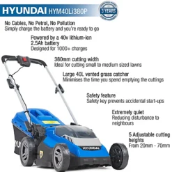 Hyundai 38cm Cordless 40v Lithium-Ion Battery Roller Lawnmower With Battery And Charger HYM40Li380P -Cheap Grow And Trim Store hyundai 38cm cordless 40v lithium ion battery roller lawnmower with battery and charger hym40li380p5056275700164 04c MP