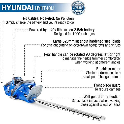 Hyundai 40v Lithium-ion Battery Hedge Trimmer With Battery And Charger HYHT40Li 2 Hyundai 40v Lithium-ion Battery Hedge Trimmer With Battery And Charger HYHT40Li - Image 2