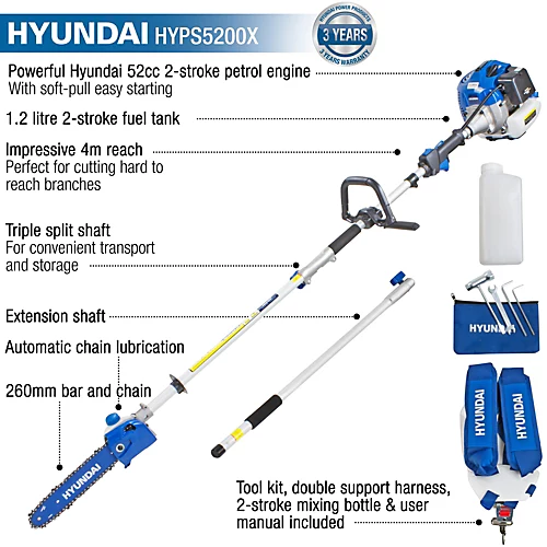 Hyundai 52cc Long Reach Petrol Pole Saw/Pruner/Chainsaw HYPS5200X 3 Hyundai 52cc Long Reach Petrol Pole Saw/Pruner/Chainsaw HYPS5200X - Image 3