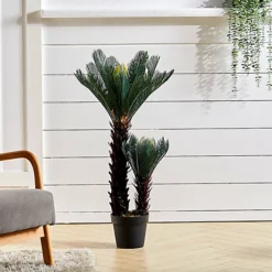 Livingandhome 2 Trunk Artificial Cycas Tree Indoor Decorative Plant In Black Pot 90 Cm