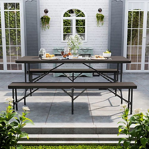 Livingandhome 3 Piece Brown Rattan Plastic Outdoor Folding Catering Camping Table Bench Set 178 Cm 2 Livingandhome 3 Piece Brown Rattan Plastic Outdoor Folding Catering Camping Table Bench Set 178 Cm - Image 2