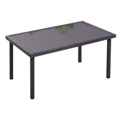 Livingandhome Black Rustic Rectangle Outdoor Wicker Table With Tempered Glass Tabletop 150cm
