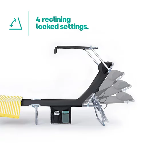 LIVIVO Folding Sun Lounger - Adjustable Back, Leg Rests & Sunshade With Side Pockets - Black 3 LIVIVO Folding Sun Lounger - Adjustable Back, Leg Rests & Sunshade With Side Pockets - Black - Image 3