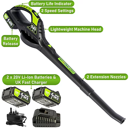 MYLEK Cordless Leaf Blower 20V Li-ion With 2 X 4000mAh Battery & Fast Charger - Two Speed - Battery Indicator LED 2 MYLEK Cordless Leaf Blower 20V Li-ion With 2 X 4000mAh Battery & Fast Charger - Two Speed - Battery Indicator LED - Image 2