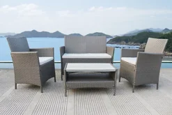 Nice 4 Piece Outdoor Sofa Grey Rattan Garden Set With Polywood Coffee Table Armchairs White Seat Cushions