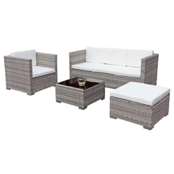 Oseasons Acorn Rattan 5 Seat Lounge Sofa Set In Dove Grey With White Cushions