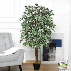Outsunny 160cm/5.2FT Artificial Ficus Tree Fake Plant In Pot Indoor Outdoor