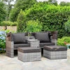 Outsunny 3 PC Outdoor Rattan Daybed Sofa Stool Table Set With Canopy, Cushion