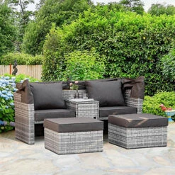 Outsunny 3 PC Outdoor Rattan Daybed Sofa Stool Table Set With Canopy, Cushion