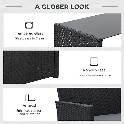 Outsunny 4pc Patio Garden Rattan Wicker Sofa 2-Seater Loveseat Chair Table Black 4 Outsunny 4pc Patio Garden Rattan Wicker Sofa 2-Seater Loveseat Chair Table Black - Image 4