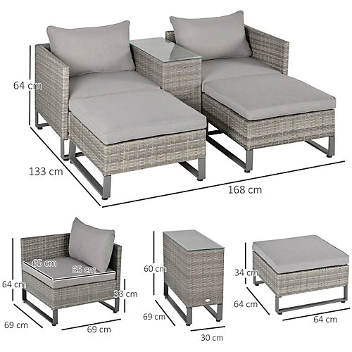Outsunny 5pcs Patio Rattan Chaise Lounge Double Sofa Bed With Coffee Table 3 Outsunny 5pcs Patio Rattan Chaise Lounge Double Sofa Bed With Coffee Table - Image 3